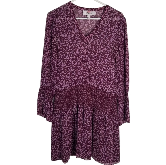 Derek Lam 10 Crosby Purple Floral Sheer Smocked Mini Dress Long Flutter Sleeves - Picture 2 of 14